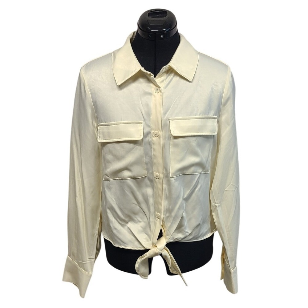 Sanctuary Womens Chalk Satin Front Tie Button Down Blouse M NEW WITH FLAW